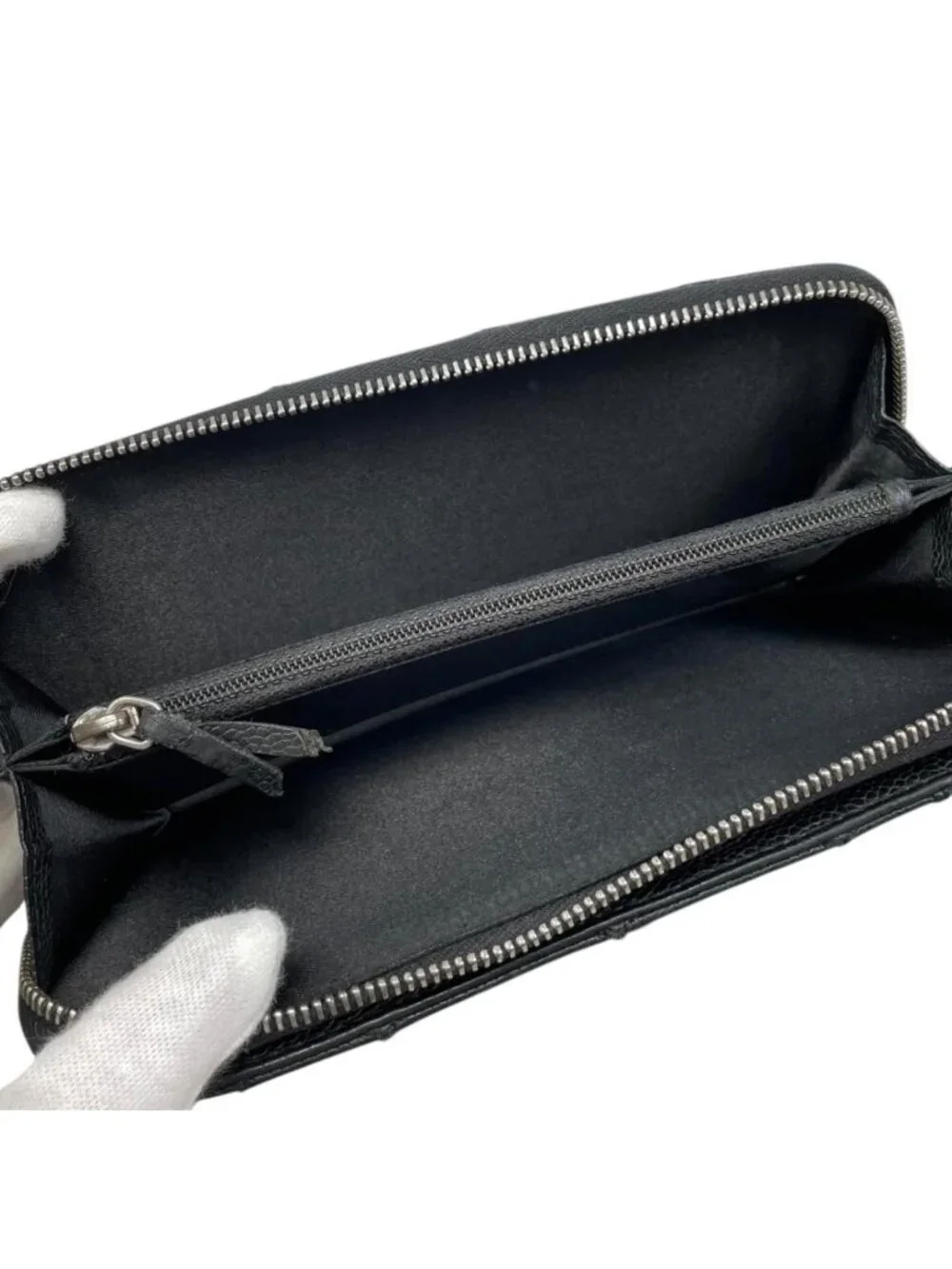 Chanel 2 Fold Wallet Wild Stitch Quilted Caviar Leather CC Logo Black Silver
